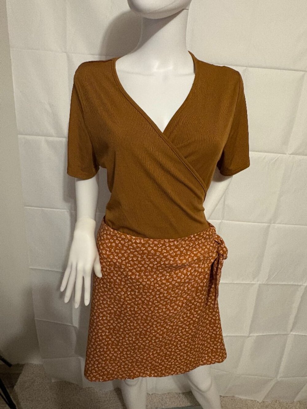 Copper Floral Wrap Mini Skirt XXL Boho Cottagecore Rayon